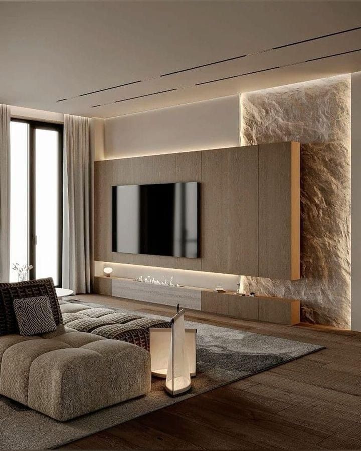Habillage mural TV en panneau PVC effet bois avec LED — réalisation NovaBard Tanger